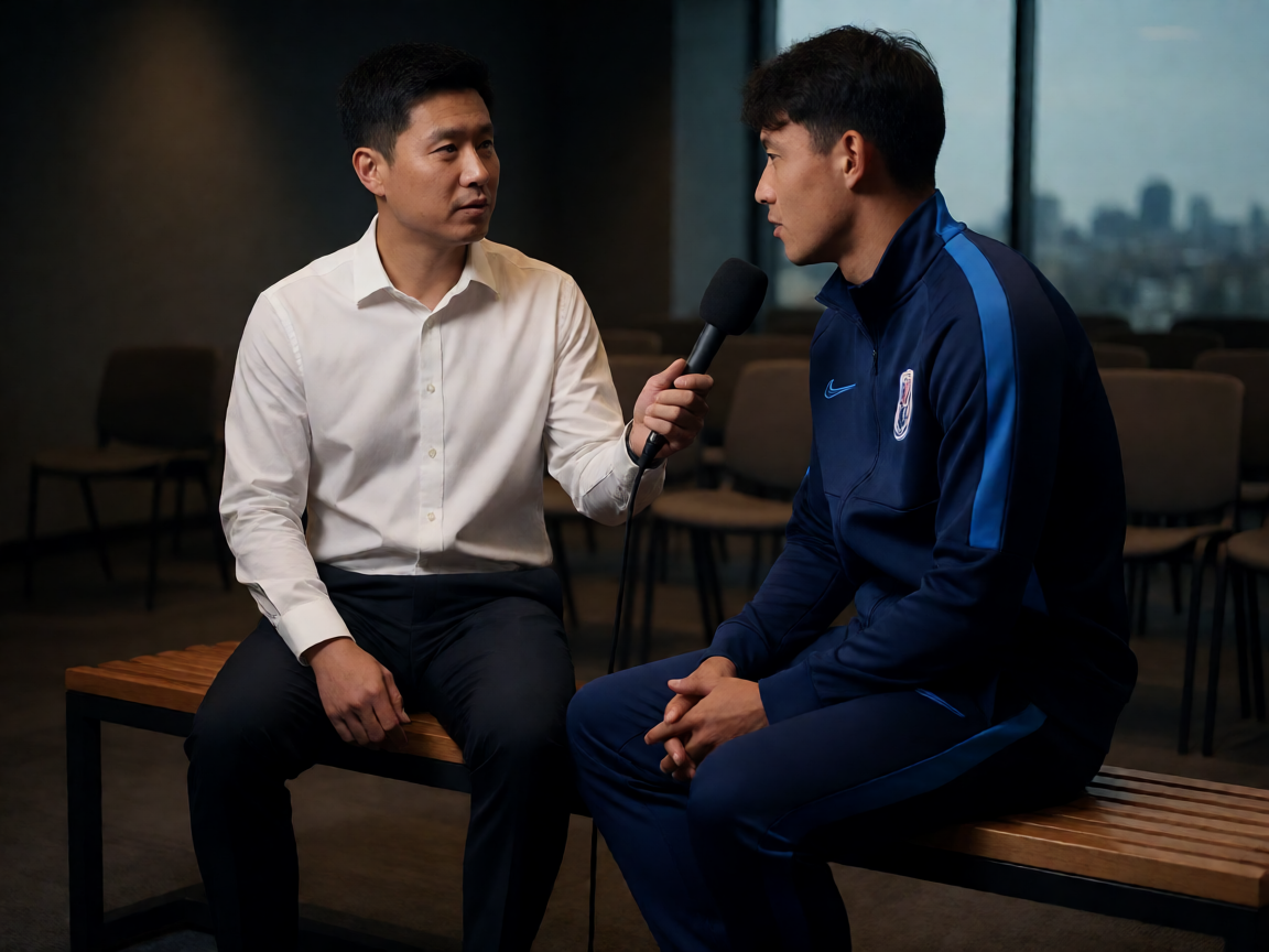体育新闻采访现场，记者正在对运动员进行赛后采访报道